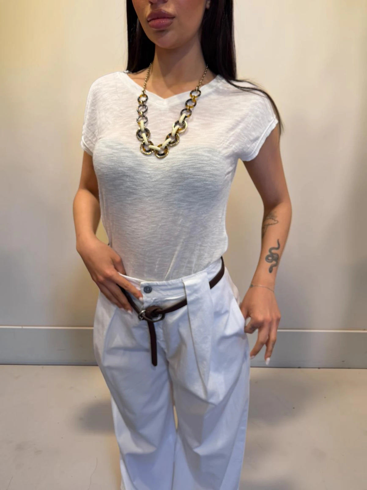 T-shirt manica corta in misto lino