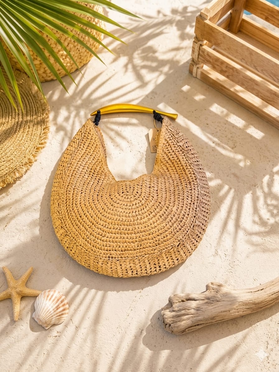 Borsa Mezzaluna in rafia con manico dorato
