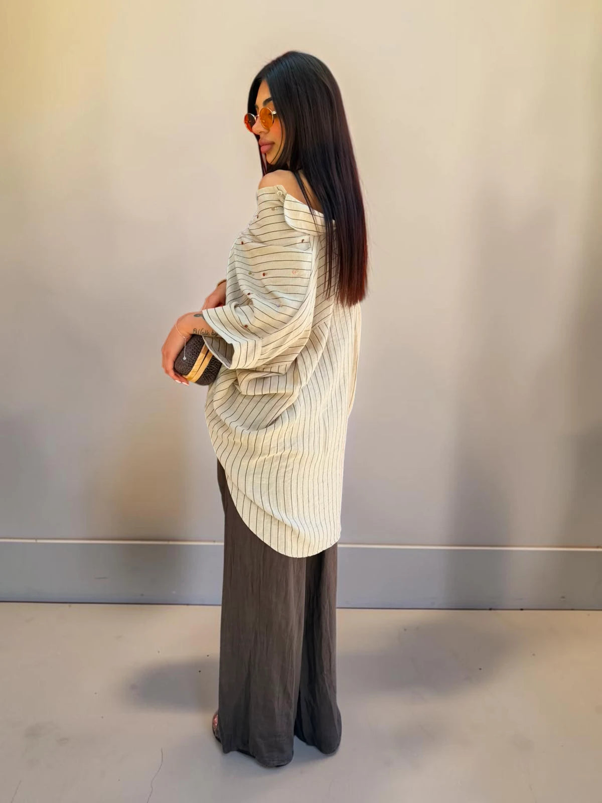 Camicia a righe oversize in misto lino