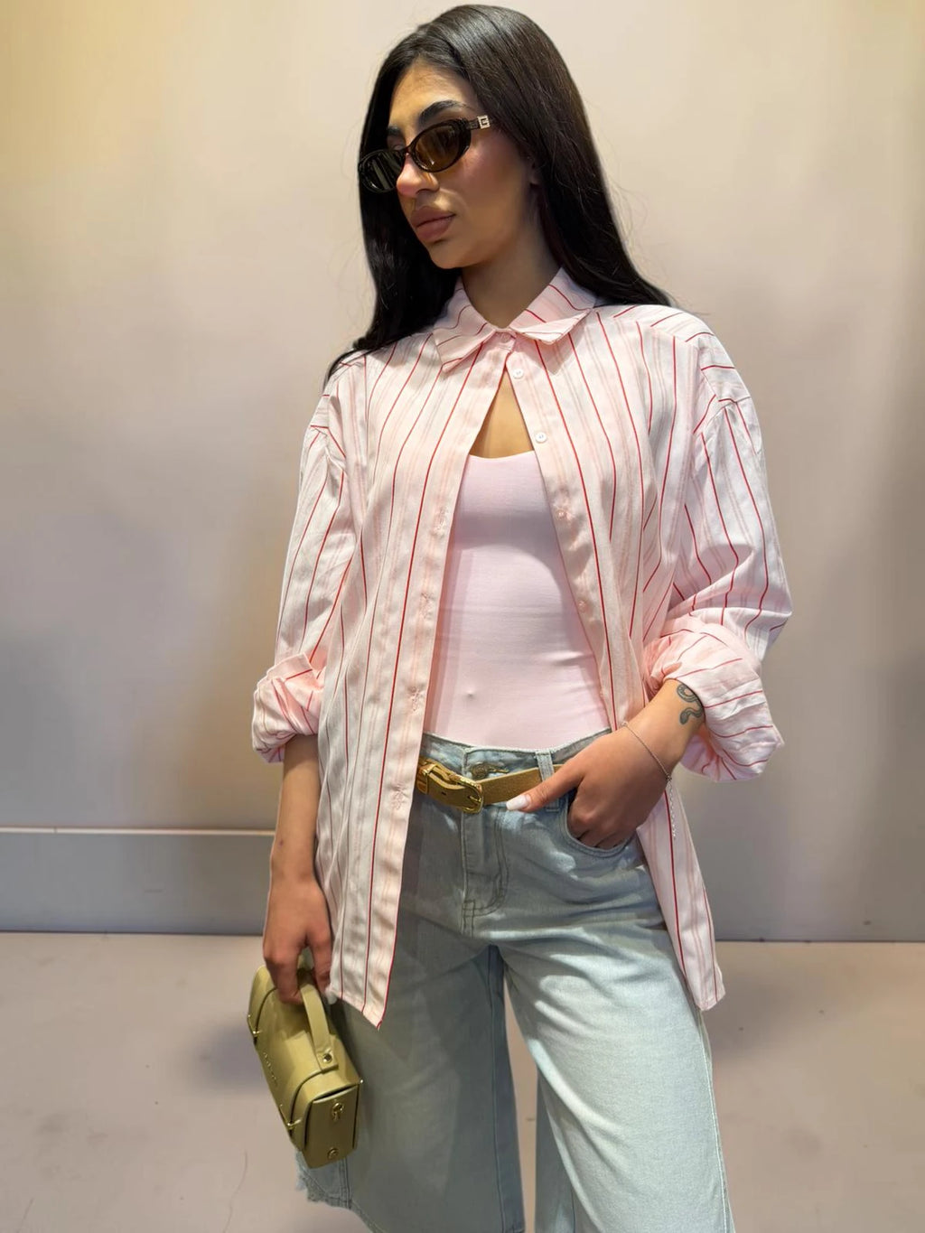 Camicia misto cotone rosa con righe rosse