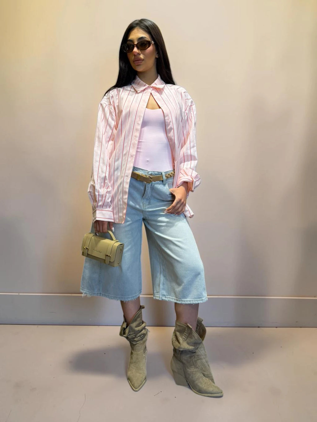 Camicia misto cotone rosa con righe rosse