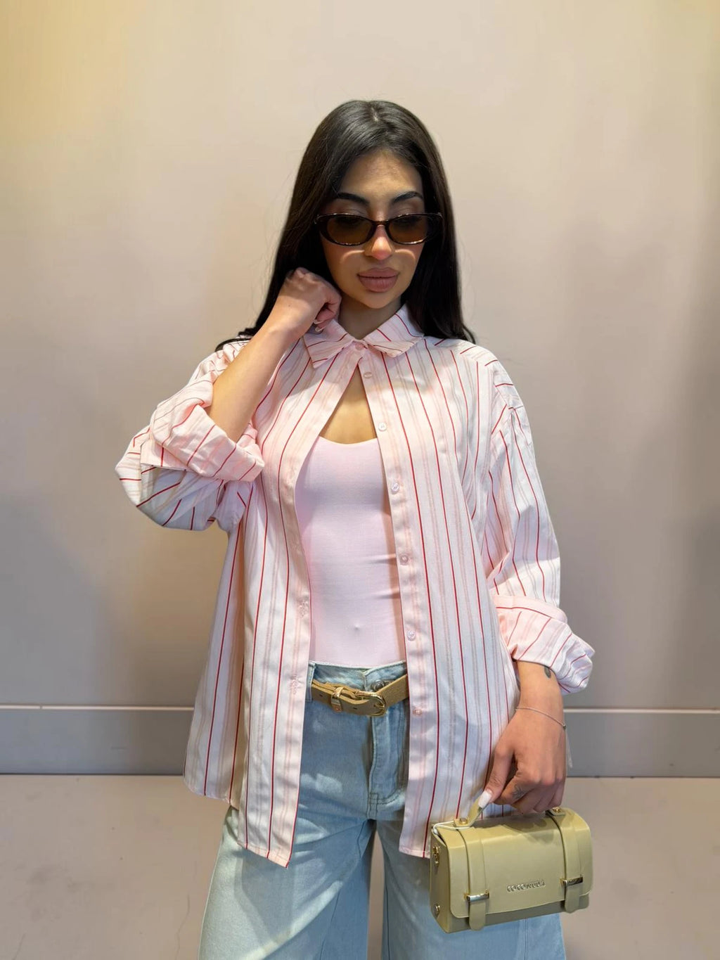 Camicia misto cotone rosa con righe rosse