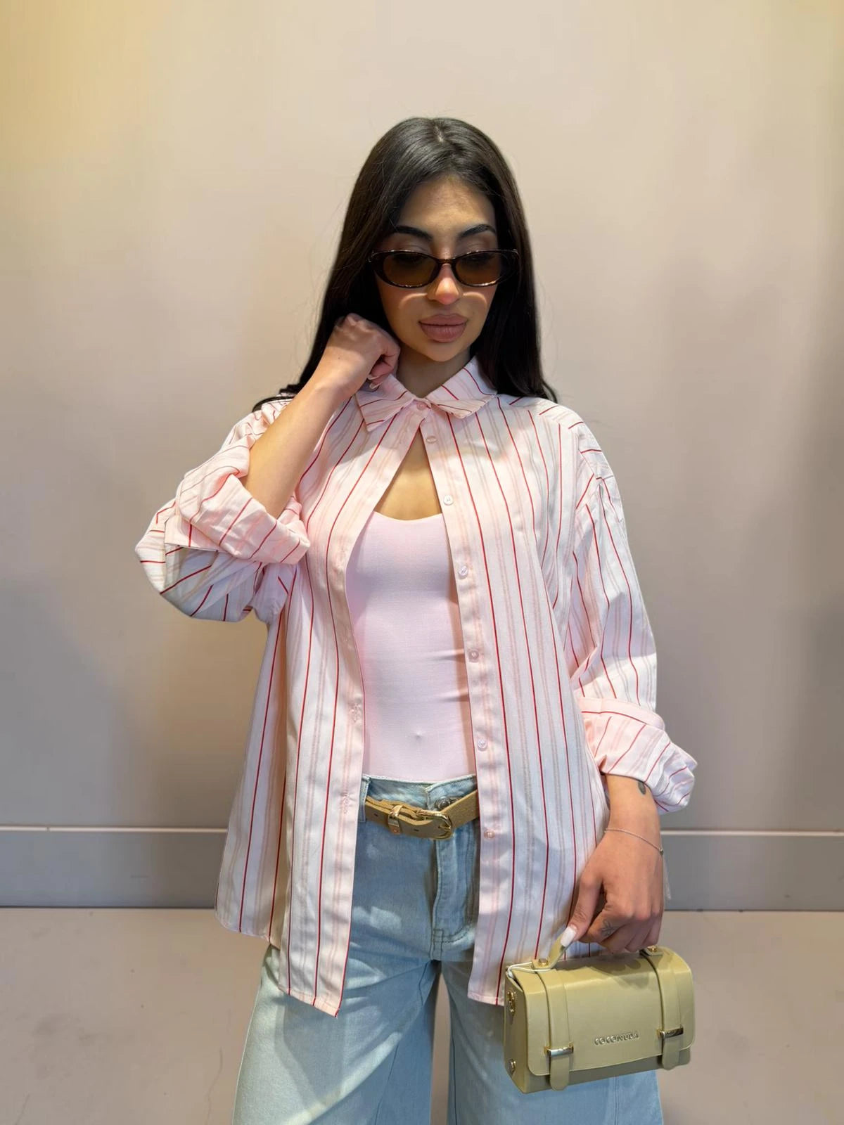 Camicia misto cotone rosa con righe rosse
